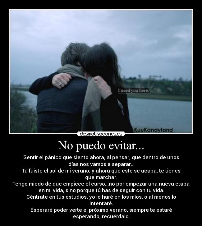 No puedo evitar... - Sentir el pánico que siento ahora, al pensar, que dentro de unos
días nos vamos a separar...
Tú fuiste el sol de mi verano, y ahora que este se acaba, te tienes
que marchar.
Tengo miedo de que empiece el curso...no por empezar una nueva etapa
en mi vida, sino porque tú has de seguir con tu vida.
Céntrate en tus estudios, yo lo haré en los míos, o al menos lo
intentaré.
Esperaré poder verte el próximo verano, siempre te estaré
esperando, recuérdalo.