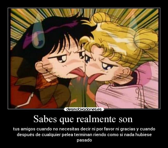 Sabes que realmente son - tus amigos cuando no necesitas decir ni por favor ni gracias y cuando
después de cualquier pelea terminan riendo como si nada hubiese
pasado