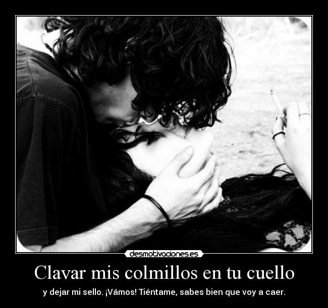 Clavar mis colmillos en tu cuello - y dejar mi sello. ¡Vámos! Tiéntame, sabes bien que voy a caer.