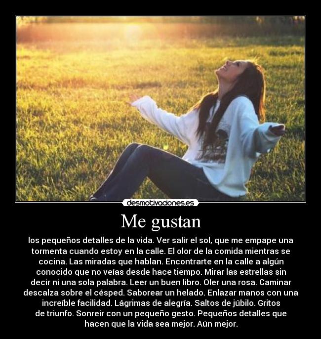 Me gustan - los pequeños detalles de la vida. Ver salir el sol, que me empape una
tormenta cuando estoy en la calle. El olor de la comida mientras se
cocina. Las miradas que hablan. Encontrarte en la calle a algún
conocido que no veías desde hace tiempo. Mirar las estrellas sin
decir ni una sola palabra. Leer un buen libro. Oler una rosa. Caminar
descalza sobre el césped. Saborear un helado. Enlazar manos con una
increíble facilidad. Lágrimas de alegría. Saltos de júbilo. Gritos
de triunfo. Sonreir con un pequeño gesto. Pequeños detalles que
hacen que la vida sea mejor. Aún mejor.