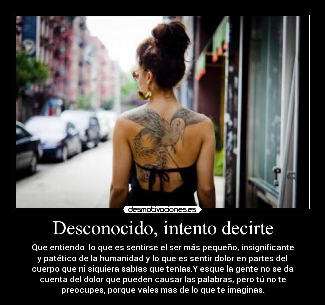 Desconocido, intento decirte - Que entiendo  lo que es sentirse el ser más pequeño, insignificante
y patético de la humanidad y lo que es sentir dolor en partes del
cuerpo que ni siquiera sabías que tenías.Y esque la gente no se da
cuenta del dolor que pueden causar las palabras, pero tú no te
preocupes, porque vales mas de lo que te imaginas.