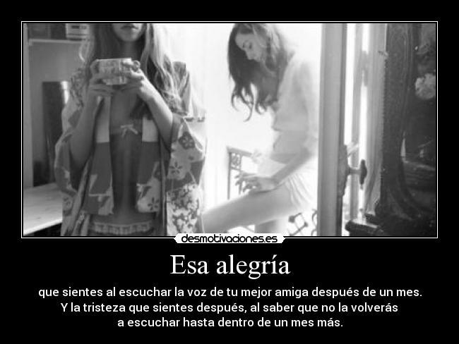 Esa alegría - que sientes al escuchar la voz de tu mejor amiga después de un mes.
Y la tristeza que sientes después, al saber que no la volverás
a escuchar hasta dentro de un mes más.