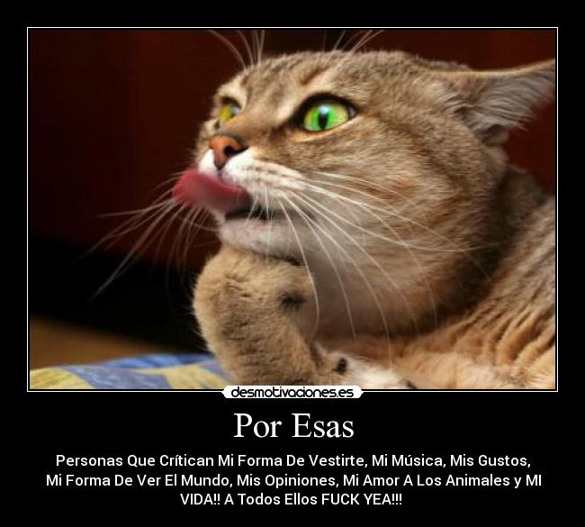 Por Esas - Personas Que Crítican Mi Forma De Vestirte, Mi Música, Mis Gustos,
Mi Forma De Ver El Mundo, Mis Opiniones, Mi Amor A Los Animales y MI
VIDA!! A Todos Ellos FUCK YEA!!!