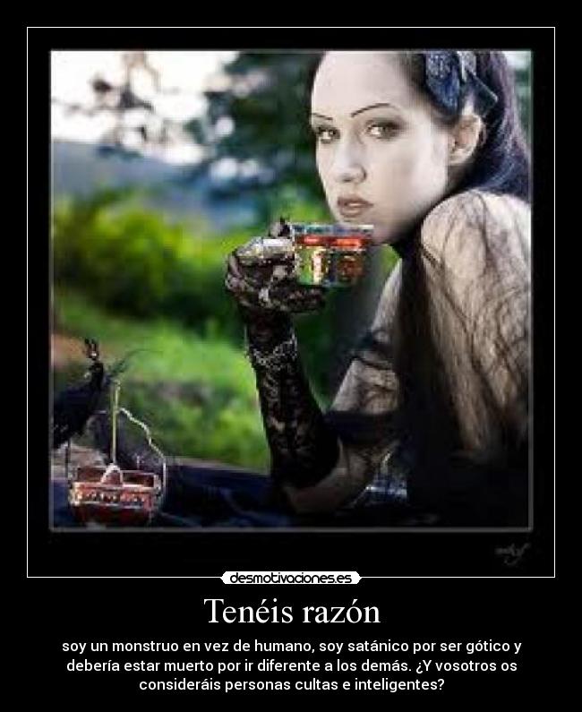 Tenéis razón - soy un monstruo en vez de humano, soy satánico por ser gótico y
debería estar muerto por ir diferente a los demás. ¿Y vosotros os
consideráis personas cultas e inteligentes?