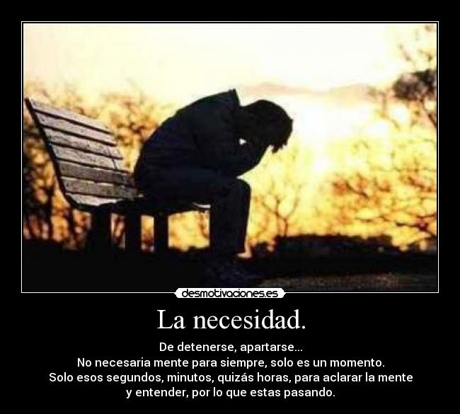 La necesidad. - De detenerse, apartarse...
No necesaria mente para siempre, solo es un momento.
Solo esos segundos, minutos, quizás horas, para aclarar la mente
y entender, por lo que estas pasando.