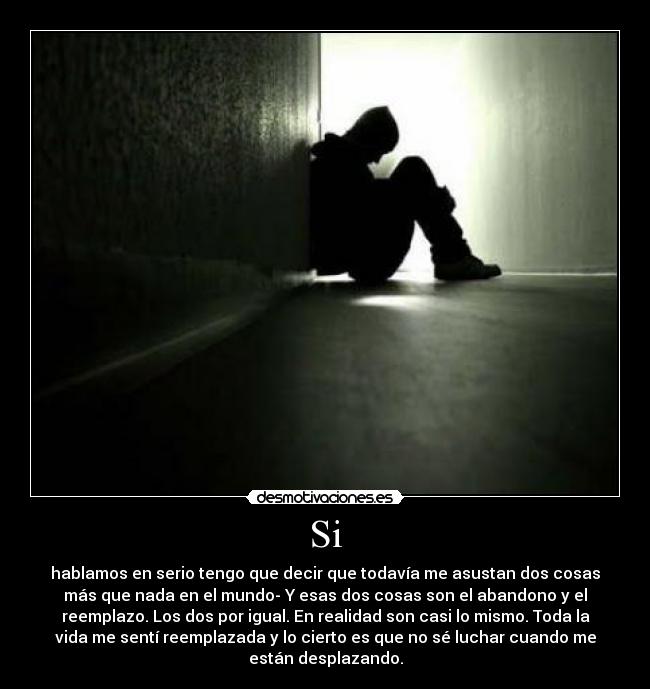Si - hablamos en serio tengo que decir que todavía me asustan dos cosas
más que nada en el mundo- Y esas dos cosas son el abandono y el
reemplazo. Los dos por igual. En realidad son casi lo mismo. Toda la
vida me sentí reemplazada y lo cierto es que no sé luchar cuando me
están desplazando.