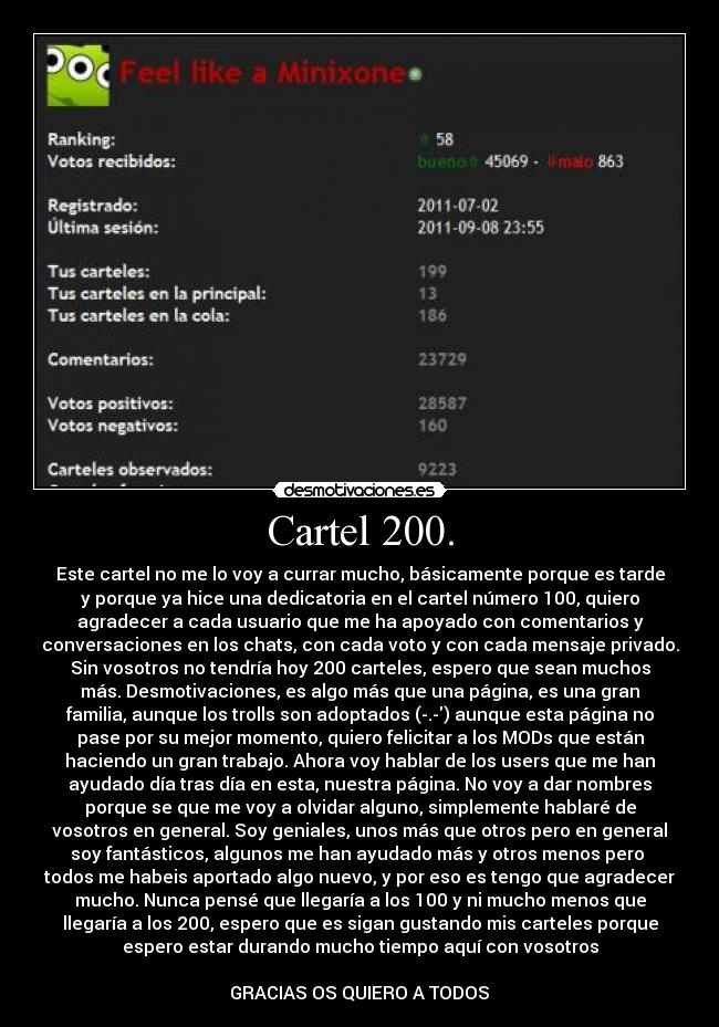 Cartel 200. - Este cartel no me lo voy a currar mucho, básicamente porque es tarde
y porque ya hice una dedicatoria en el cartel número 100, quiero
agradecer a cada usuario que me ha apoyado con comentarios y
conversaciones en los chats, con cada voto y con cada mensaje privado.
Sin vosotros no tendría hoy 200 carteles, espero que sean muchos
más. Desmotivaciones, es algo más que una página, es una gran
familia, aunque los trolls son adoptados (-.-) aunque esta página no
pase por su mejor momento, quiero felicitar a los MODs que están
haciendo un gran trabajo. Ahora voy hablar de los users que me han
ayudado día tras día en esta, nuestra página. No voy a dar nombres
porque se que me voy a olvidar alguno, simplemente hablaré de
vosotros en general. Soy geniales, unos más que otros pero en general
soy fantásticos, algunos me han ayudado más y otros menos pero 
todos me habeis aportado algo nuevo, y por eso es tengo que agradecer
mucho. Nunca pensé que llegaría a los 100 y ni mucho menos que
llegaría a los 200, espero que es sigan gustando mis carteles porque
espero estar durando mucho tiempo aquí con vosotros

♥GRACIAS OS QUIERO A TODOS ♥