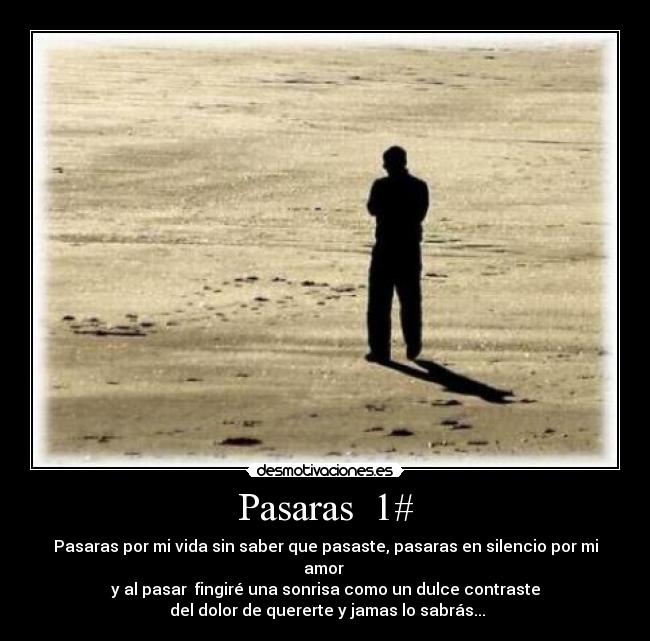 Pasaras  1# - Pasaras por mi vida sin saber que pasaste, pasaras en silencio por mi amor 
y al pasar  fingiré una sonrisa como un dulce contraste
 del dolor de quererte y jamas lo sabrás...