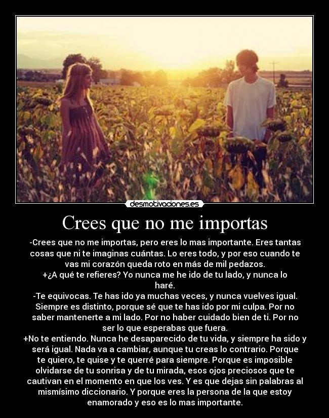 Crees que no me importas - -Crees que no me importas, pero eres lo mas importante. Eres tantas
cosas que ni te imaginas cuántas. Lo eres todo, y por eso cuando te
vas mi corazón queda roto en más de mil pedazos.
+¿A qué te refieres? Yo nunca me he ido de tu lado, y nunca lo
haré.
-Te equivocas. Te has ido ya muchas veces, y nunca vuelves igual.
Siempre es distinto, porque sé que te has ido por mi culpa. Por no
saber mantenerte a mi lado. Por no haber cuidado bien de ti. Por no
ser lo que esperabas que fuera.
+No te entiendo. Nunca he desaparecido de tu vida, y siempre ha sido y
será igual. Nada va a cambiar, aunque tu creas lo contrario. Porque
te quiero, te quise y te querré para siempre. Porque es imposible
olvidarse de tu sonrisa y de tu mirada, esos ojos preciosos que te
cautivan en el momento en que los ves. Y es que dejas sin palabras al
mismísimo diccionario. Y porque eres la persona de la que estoy
enamorado y eso es lo mas importante.