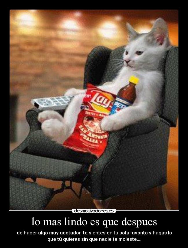 lo mas lindo es que despues - de hacer algo muy agotador  te sientes en tu sofa favorito y hagas lo
que tú quieras sin que nadie te moleste....