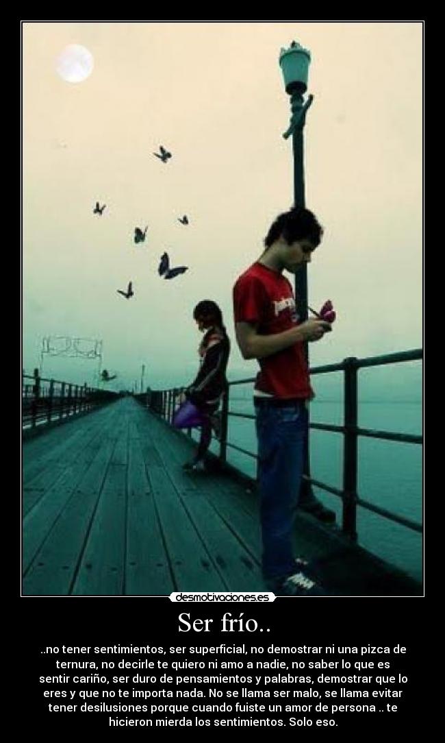 Ser frío.. - ..no tener sentimientos, ser superficial, no demostrar ni una pizca de
ternura, no decirle te quiero ni amo a nadie, no saber lo que es
sentir cariño, ser duro de pensamientos y palabras, demostrar que lo
eres y que no te importa nada. No se llama ser malo, se llama evitar
tener desilusiones porque cuando fuiste un amor de persona .. te
hicieron mierda los sentimientos. Solo eso.