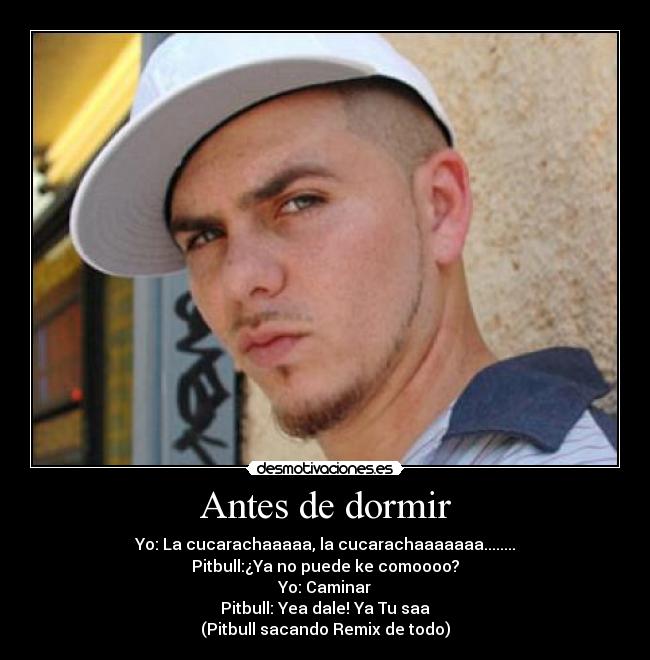 Antes de dormir - Yo: La cucarachaaaaa, la cucarachaaaaaaa........
Pitbull:¿Ya no puede ke comoooo?
Yo: Caminar
Pitbull: Yea dale! Ya Tu saa
(Pitbull sacando Remix de todo)