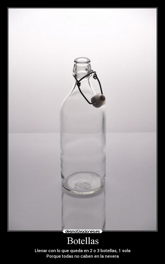 Botellas - Llenar con lo que queda en 2 o 3 botellas, 1 sola
Porque todas no caben en la nevera
