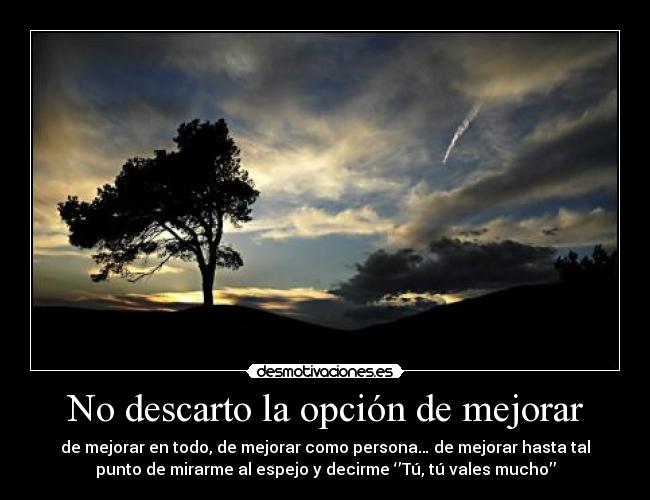 No descarto la opción de mejorar - de mejorar en todo, de mejorar como persona… de mejorar hasta tal
punto de mirarme al espejo y decirme ‘’Tú, tú vales mucho’’