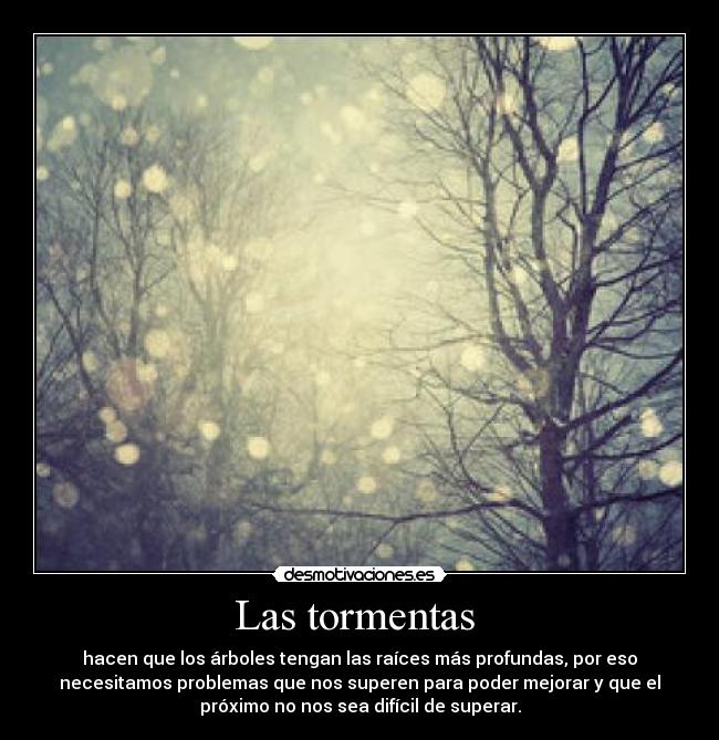 Las tormentas  - hacen que los árboles tengan las raíces más profundas, por eso
necesitamos problemas que nos superen para poder mejorar y que el
próximo no nos sea difícil de superar.