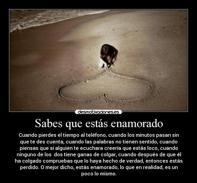 Sabes que estás enamorado - Cuando pierdes el tiempo al teléfono, cuando los minutos pasan sin
que te des cuenta, cuando las palabras no tienen sentido, cuando
piensas que si alguien te ecuchara creería que estás loco, cuando
ninguno de los dos tiene ganas de colgar, cuando después de que él
ha colgado compruebas que lo haya hecho de verdad, entonces estás
perdido. O mejor dicho, estás enamorado, lo que en realidad, es un
poco lo mismo.