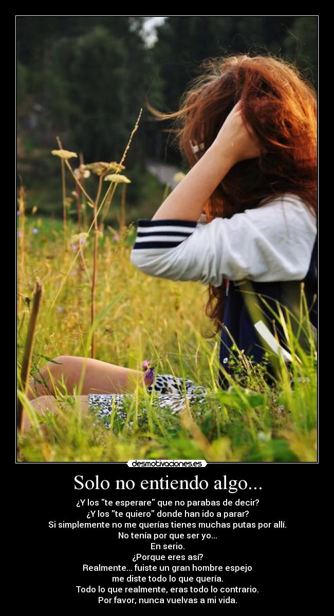 Solo no entiendo algo... - ¿Y los te esperare que no parabas de decir?
¿Y los te quiero donde han ido a parar?
Si simplemente no me querías tienes muchas putas por allí.
No tenía por que ser yo...
En serio.
¿Porque eres así?
Realmente... fuiste un gran hombre espejo
me diste todo lo que quería.
Todo lo que realmente, eras todo lo contrario.
Por favor, nunca vuelvas a mi vida.