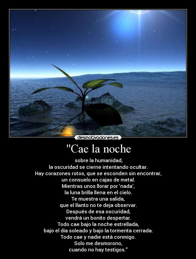 Cae la noche - sobre la humanidad,
la oscuridad se cierne intentando ocultar.
Hay corazones rotos, que se esconden sin encontrar,
un consuelo en cajas de metal.
Mientras unos llorar por ‘nada’,
la luna brilla llena en el cielo.
Te muestra una salida,
que el llanto no te deja observar.
Después de esa oscuridad,
vendrá un bonito despertar.
Todo cae bajo la noche estrellada,
bajo el día soleado y bajo la tormenta cerrada.
Todo cae y nadie está conmigo.
Solo me desmorono,
cuando no hay testigos.”