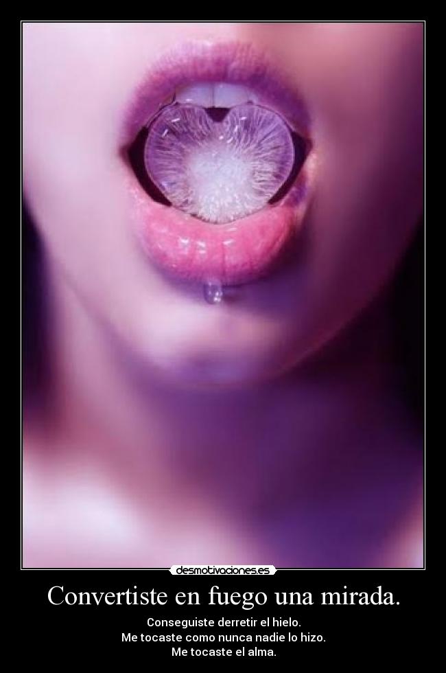 Convertiste en fuego una mirada. - Conseguiste derretir el hielo.
Me tocaste como nunca nadie lo hizo.
Me tocaste el alma.