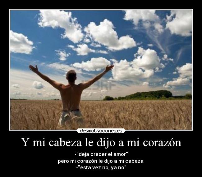 Y mi cabeza le dijo a mi corazón - -deja crecer el amor
pero mi corazón le dijo a mi cabeza
-esta vez no, ya no