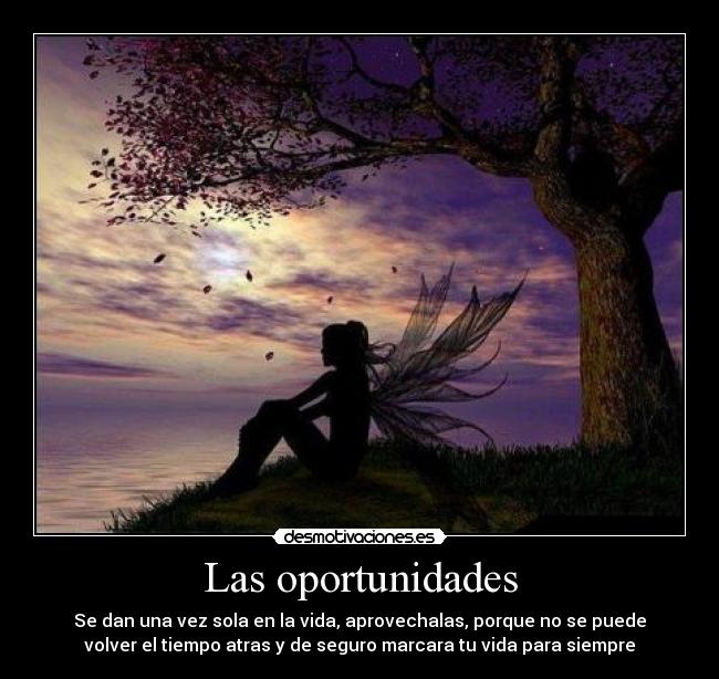 Las oportunidades - Se dan una vez sola en la vida, aprovechalas, porque no se puede
volver el tiempo atras y de seguro marcara tu vida para siempre