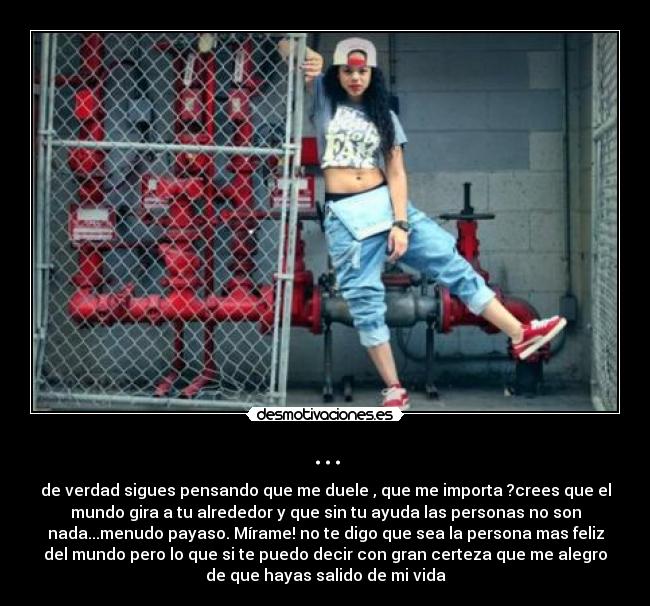 ... - de verdad sigues pensando que me duele , que me importa ?crees que el
mundo gira a tu alrededor y que sin tu ayuda las personas no son
nada...menudo payaso. Mírame! no te digo que sea la persona mas feliz
del mundo pero lo que si te puedo decir con gran certeza que me alegro
de que hayas salido de mi vida