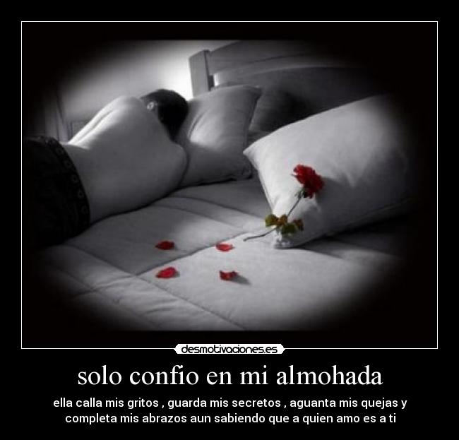 solo confio en mi almohada - ella calla mis gritos , guarda mis secretos , aguanta mis quejas y
completa mis abrazos aun sabiendo que a quien amo es a ti