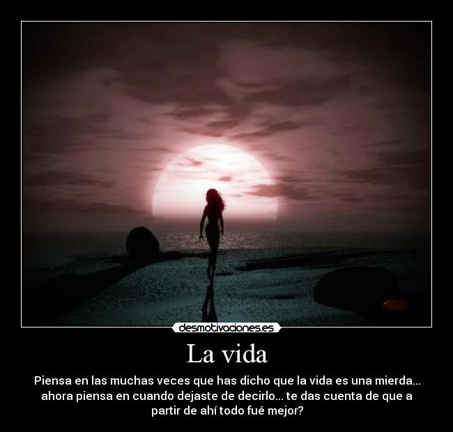 La vida - Piensa en las muchas veces que has dicho que la vida es una mierda...
ahora piensa en cuando dejaste de decirlo... te das cuenta de que a
partir de ahí todo fué mejor?