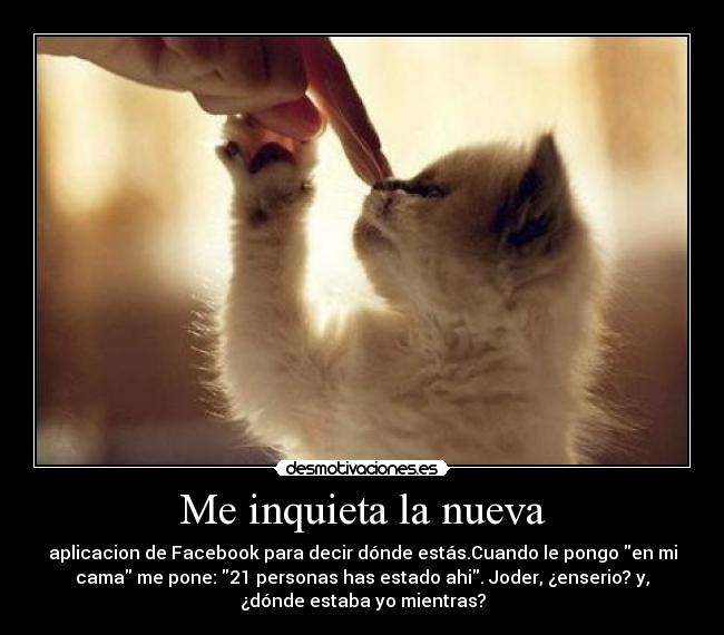 Me inquieta la nueva - aplicacion de Facebook para decir dónde estás.Cuando le pongo en mi
cama me pone: 21 personas has estado ahi. Joder, ¿enserio? y,
¿dónde estaba yo mientras?