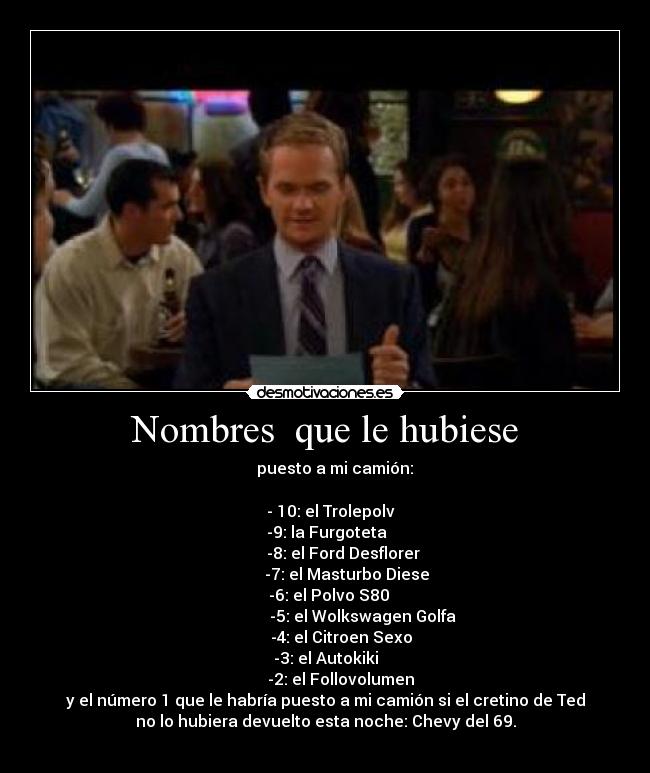 Nombres que le hubiese - puesto a mi camión:
- 10: el Trolepolv
-9: la Furgoteta
-8: el Ford Desflorer
-7: el Masturbo Diese
-6: el Polvo S80
-5: el Wolkswagen Golfa
-4: el Citroen Sexo
-3: el Autokiki
-2: el Follovolumen
y el número 1 que le habría puesto a mi camión si el cretino de Ted
no lo hubiera devuelto esta noche: Chevy del 69.