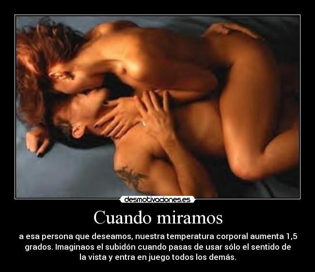 Cuando miramos - a esa persona que deseamos, nuestra temperatura corporal aumenta 1,5
grados. Imaginaos el subidón cuando pasas de usar sólo el sentido de
la vista y entra en juego todos los demás.