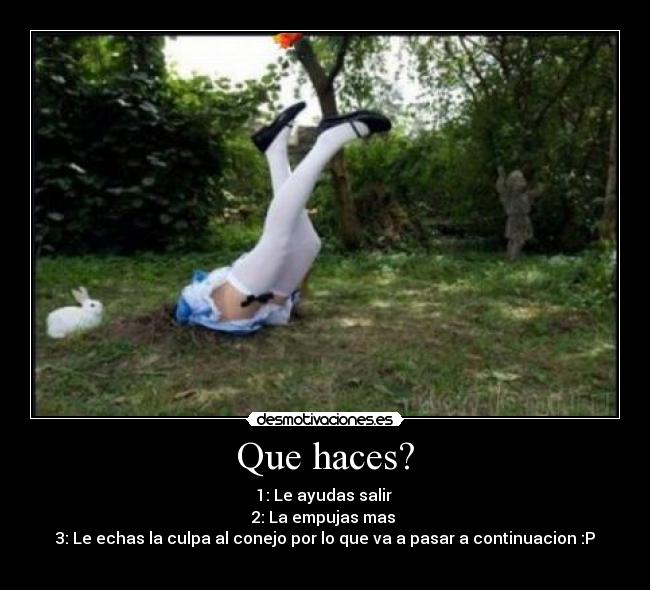 Que haces? - 1: Le ayudas salir 
2: La empujas mas 
3: Le echas la culpa al conejo por lo que va a pasar a continuacion :P

