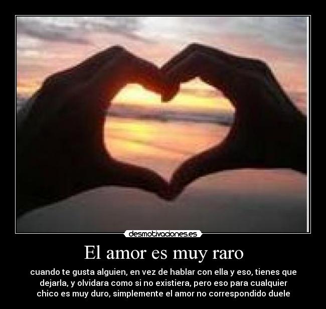 El amor es muy raro - cuando te gusta alguien, en vez de hablar con ella y eso, tienes que
dejarla, y olvidara como si no existiera, pero eso para cualquier
chico es muy duro, simplemente el amor no correspondido duele