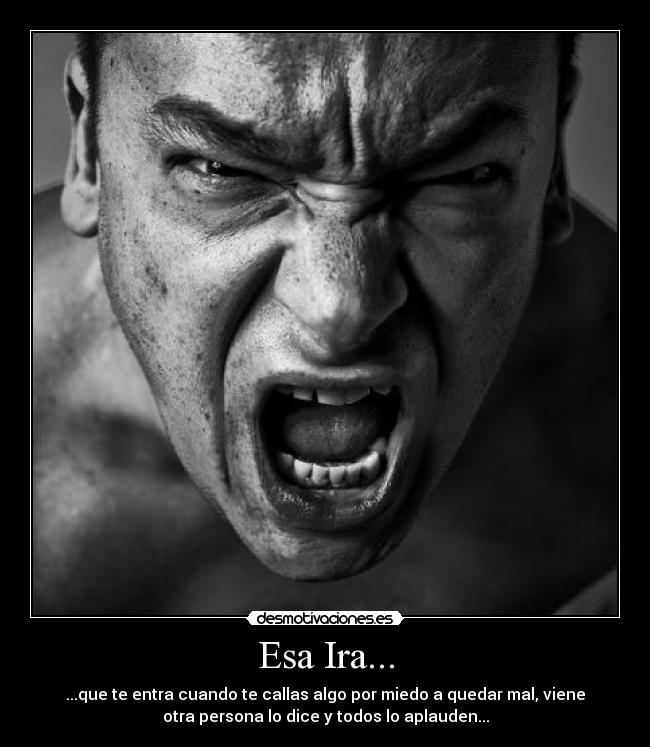 Esa Ira... - ...que te entra cuando te callas algo por miedo a quedar mal, viene
otra persona lo dice y todos lo aplauden...