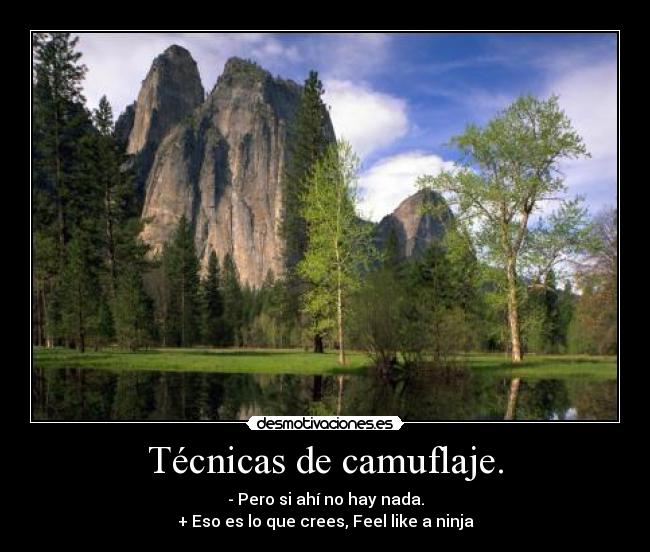 Técnicas de camuflaje. - - Pero si ahí no hay nada.
+ Eso es lo que crees, Feel like a ninja