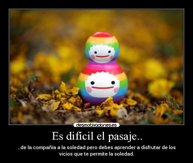 Es difícil el pasaje.. - ..de la compañía a la soledad pero debes aprender a disfrutar de los
vicios que te permite la soledad.