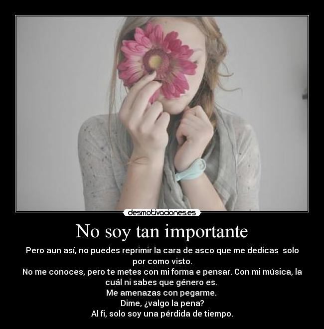 No soy tan importante - Pero aun así, no puedes reprimir la cara de asco que me dedicas solo
por como visto.
No me conoces, pero te metes con mi forma e pensar. Con mi música, la
cuál ni sabes que género es.
Me amenazas con pegarme.
Dime, ¿valgo la pena?
Al fi, solo soy una pérdida de tiempo.
