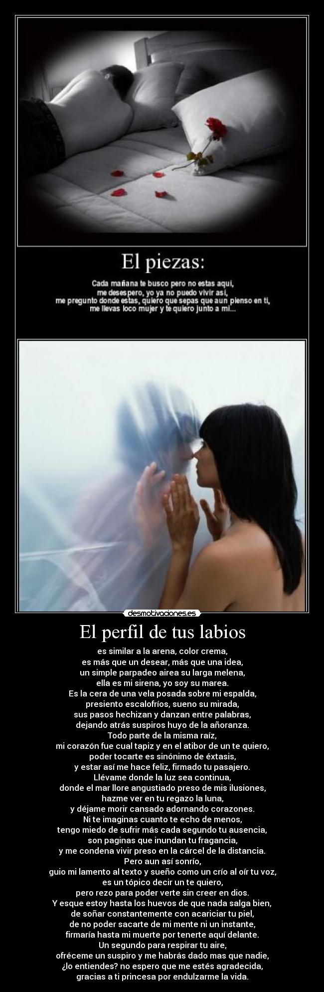 El perfil de tus labios - es similar a la arena, color crema,
es más que un desear, más que una idea,
un simple parpadeo airea su larga melena,
ella es mi sirena, yo soy su marea.
Es la cera de una vela posada sobre mi espalda,
presiento escalofríos, sueno su mirada,
sus pasos hechizan y danzan entre palabras,
dejando atrás suspiros huyo de la añoranza.
Todo parte de la misma raíz,
mi corazón fue cual tapiz y en el atibor de un te quiero,
poder tocarte es sinónimo de éxtasis,
y estar así me hace feliz, firmado tu pasajero.
Llévame donde la luz sea continua,
donde el mar llore angustiado preso de mis ilusiones,
hazme ver en tu regazo la luna,
y déjame morir cansado adornando corazones.
Ni te imaginas cuanto te echo de menos,
tengo miedo de sufrir más cada segundo tu ausencia,
son paginas que inundan tu fragancia,
y me condena vivir preso en la cárcel de la distancia.
Pero aun así sonrío,
guio mi lamento al texto y sueño como un crío al oír tu voz,
es un tópico decir un te quiero,
pero rezo para poder verte sin creer en dios.
Y esque estoy hasta los huevos de que nada salga bien,
de soñar constantemente con acariciar tu piel,
de no poder sacarte de mi mente ni un instante,
firmaría hasta mi muerte por tenerte aquí delante.
Un segundo para respirar tu aire,
ofréceme un suspiro y me habrás dado mas que nadie,
¿lo entiendes? no espero que me estés agradecida,
gracias a ti princesa por endulzarme la vida.