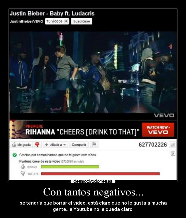 Con tantos negativos... - se tendría que borrar el video, está claro que no le gusta a mucha
gente...a Youtube no le queda claro.