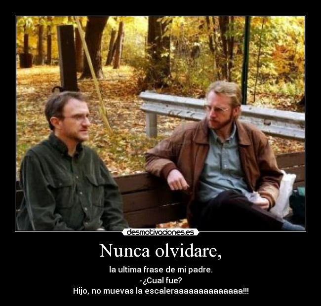 Nunca olvidare, - la ultima frase de mi padre.
-¿Cual fue?
Hijo, no muevas la escaleraaaaaaaaaaaaaa!!!