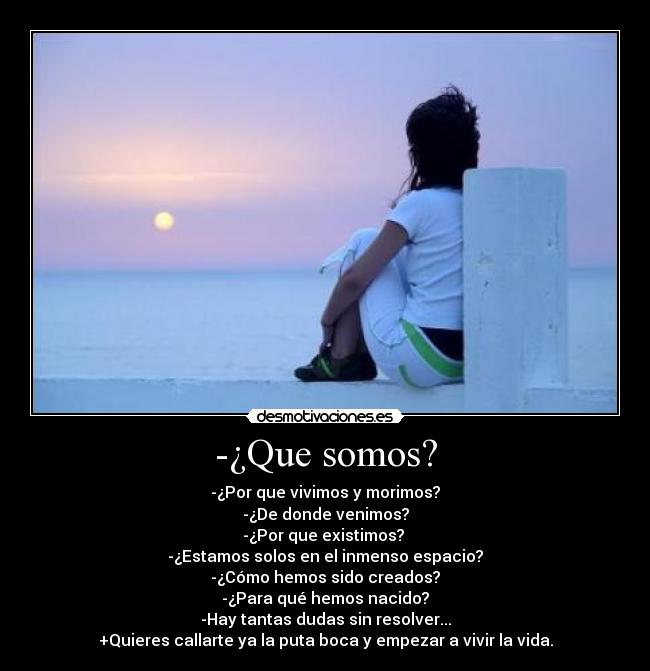 -¿Que somos? - -¿Por que vivimos y morimos?
-¿De donde venimos?
-¿Por que existimos?
-¿Estamos solos en el inmenso espacio?
-¿Cómo hemos sido creados?
-¿Para qué hemos nacido?
-Hay tantas dudas sin resolver...
+Quieres callarte ya la puta boca y empezar a vivir la vida.