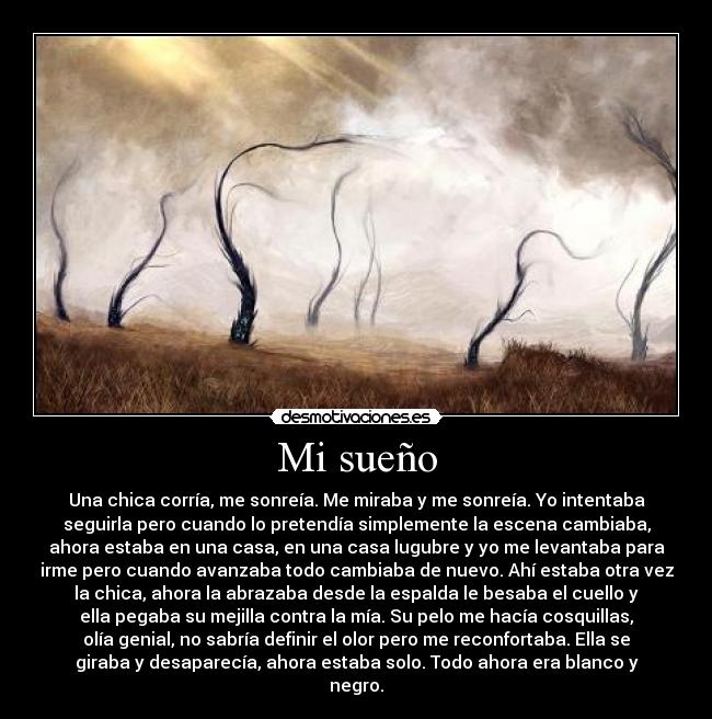 Mi sueño - Una chica corría, me sonreía. Me miraba y me sonreía. Yo intentaba
seguirla pero cuando lo pretendía simplemente la escena cambiaba,
ahora estaba en una casa, en una casa lugubre y yo me levantaba para
irme pero cuando avanzaba todo cambiaba de nuevo. Ahí estaba otra vez
la chica, ahora la abrazaba desde la espalda le besaba el cuello y
ella pegaba su mejilla contra la mía. Su pelo me hacía cosquillas,
olía genial, no sabría definir el olor pero me reconfortaba. Ella se
giraba y desaparecía, ahora estaba solo. Todo ahora era blanco y
negro.