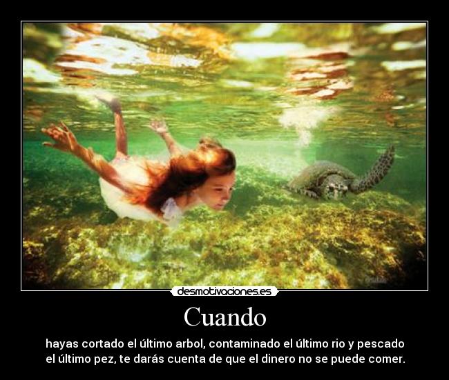 Cuando - hayas cortado el último arbol, contaminado el último rio y pescado
el último pez, te darás cuenta de que el dinero no se puede comer.