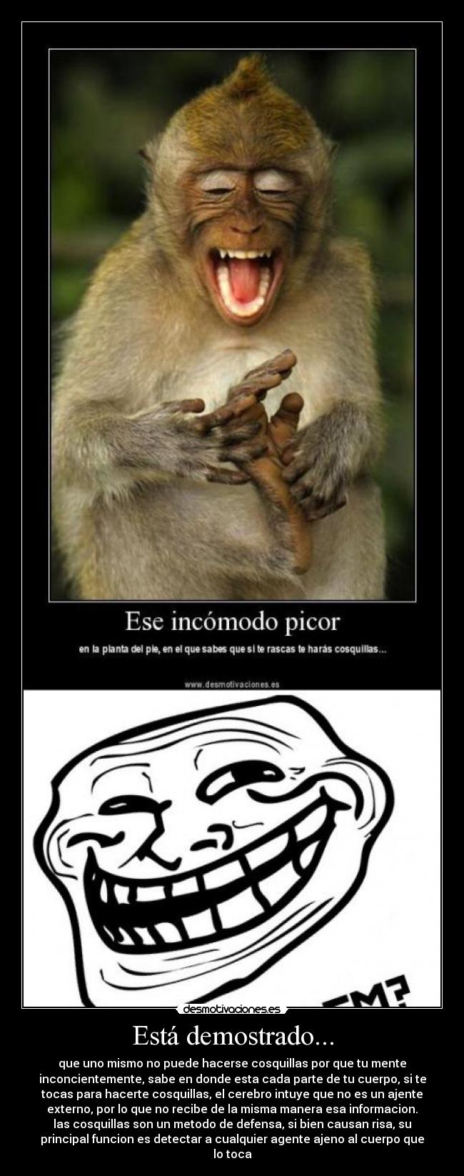 Está demostrado... - que uno mismo no puede hacerse cosquillas por que tu mente
inconcientemente, sabe en donde esta cada parte de tu cuerpo, si te
tocas para hacerte cosquillas, el cerebro intuye que no es un ajente
externo, por lo que no recibe de la misma manera esa informacion.
las cosquillas son un metodo de defensa, si bien causan risa, su
principal funcion es detectar a cualquier agente ajeno al cuerpo que
lo toca