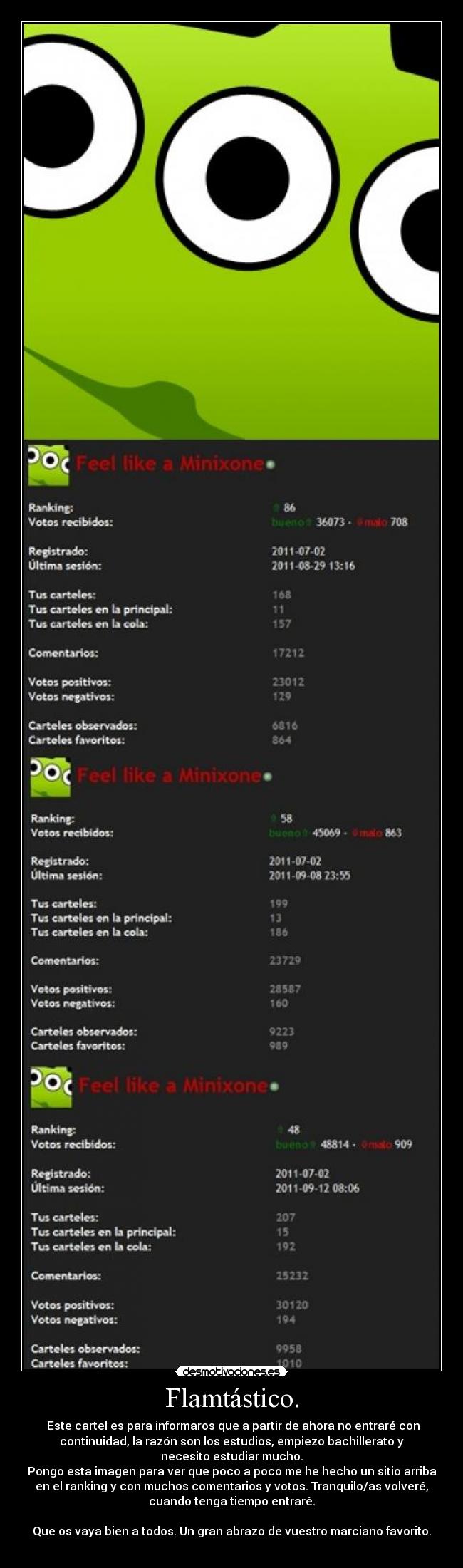 Flamtástico. - Este cartel es para informaros que a partir de ahora no entraré con
continuidad, la razón son los estudios, empiezo bachillerato y
necesito estudiar mucho.
Pongo esta imagen para ver que poco a poco me he hecho un sitio arriba
en el ranking y con muchos comentarios y votos. Tranquilo/as volveré,
cuando tenga tiempo entraré.
Que os vaya bien a todos. Un gran abrazo de vuestro marciano favorito.
♥