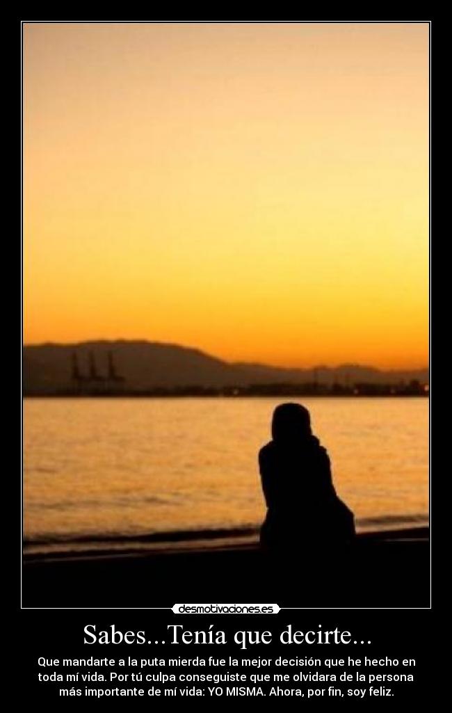 Sabes...Tenía que decirte... - Que mandarte a la puta mierda fue la mejor decisión que he hecho en
toda mí vida. Por tú culpa conseguiste que me olvidara de la persona
más importante de mí vida: YO MISMA. Ahora, por fin, soy feliz.