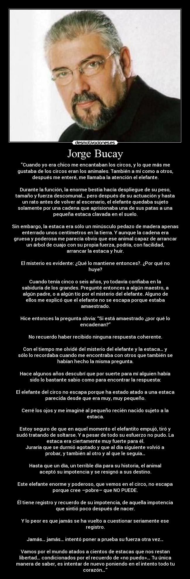 Jorge Bucay - Cuando yo era chico me encantaban los circos, y lo que más me
gustaba de los circos eran los animales. También a mí como a otros,
después me enteré, me llamaba la atención el elefante.
Durante la función, la enorme bestia hacía despliegue de su peso,
tamaño y fuerza descomunal… pero después de su actuación y hasta
un rato antes de volver al escenario, el elefante quedaba sujeto
solamente por una cadena que aprisionaba una de sus patas a una
pequeña estaca clavada en el suelo.
Sin embargo, la estaca era sólo un minúsculo pedazo de madera apenas
enterrado unos centímetros en la tierra. Y aunque la cadena era
gruesa y poderosa me parecía obvio que ese animal capaz de arrancar
un árbol de cuajo con su propia fuerza, podría, con facilidad,
arrancar la estaca y huir.
El misterio es evidente: ¿Qué lo mantiene entonces?. ¿Por qué no
huye?
Cuando tenía cinco o seis años, yo todavía confiaba en la
sabiduría de los grandes. Pregunté entonces a algún maestro, a
algún padre, o a algún tío por el misterio del elefante. Alguno de
ellos me explicó que el elefante no se escapa porque estaba
amaestrado.
Hice entonces la pregunta obvia: “Si está amaestrado ¿por qué lo
encadenan?”
No recuerdo haber recibido ninguna respuesta coherente.
Con el tiempo me olvidé del misterio del elefante y la estaca… y
sólo lo recordaba cuando me encontraba con otros que también se
habían hecho la misma pregunta.
Hace algunos años descubrí que por suerte para mí alguien había
sido lo bastante sabio como para encontrar la respuesta:
El elefante del circo no escapa porque ha estado atado a una estaca
parecida desde que era muy, muy pequeño.
Cerré los ojos y me imaginé al pequeño recién nacido sujeto a la
estaca.
Estoy seguro de que en aquel momento el elefantito empujó, tiró y
sudó tratando de soltarse. Y a pesar de todo su esfuerzo no pudo. La
estaca era ciertamente muy fuerte para él.
Juraría que se durmió agotado y que al día siguiente volvió a
probar, y también al otro y al que le seguía…
Hasta que un día, un terrible día para su historia, el animal
aceptó su impotencia y se resignó a sus destino.
Este elefante enorme y poderoso, que vemos en el circo, no escapa
porque cree –pobre– que NO PUEDE.
Él tiene registro y recuerdo de su impotencia, de aquella impotencia
que sintió poco después de nacer.
Y lo peor es que jamás se ha vuelto a cuestionar seriamente ese
registro.
Jamás… jamás… intentó poner a prueba su fuerza otra vez…
Vamos por el mundo atados a cientos de estacas que nos restan
libertad… condicionados por el recuerdo de «no puedo»… Tu única
manera de saber, es intentar de nuevo poniendo en el intento todo tu
corazón…