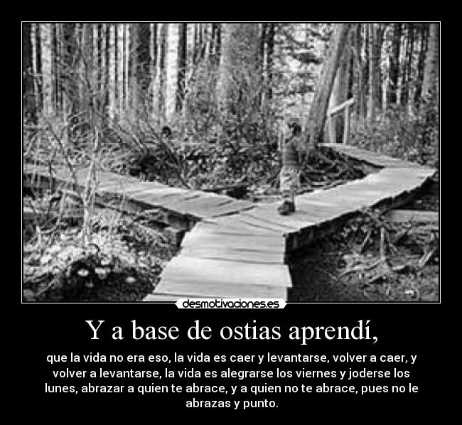 Y a base de ostias aprendí, - que la vida no era eso, la vida es caer y levantarse, volver a caer, y
volver a levantarse, la vida es alegrarse los viernes y joderse los
lunes, abrazar a quien te abrace, y a quien no te abrace, pues no le
abrazas y punto.