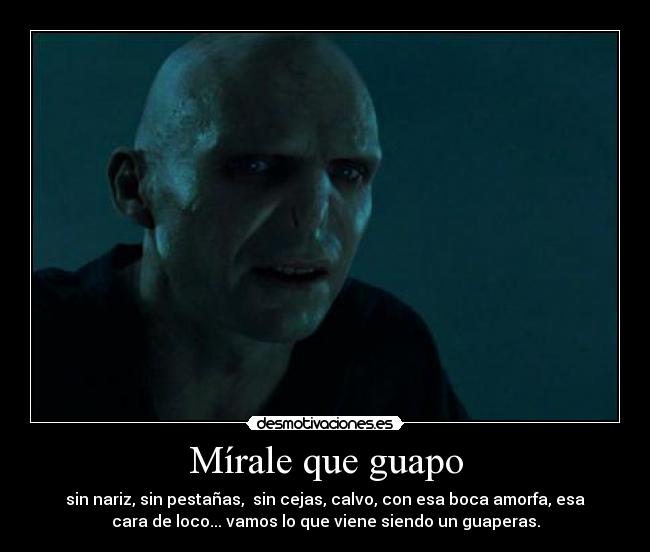 Mírale que guapo - sin nariz, sin pestañas, sin cejas, calvo, con esa boca amorfa, esa
cara de loco... vamos lo que viene siendo un guaperas.