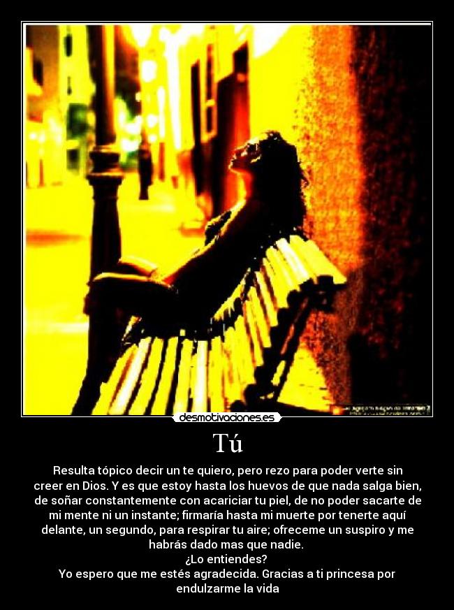 Tú - Resulta tópico decir un te quiero, pero rezo para poder verte sin
creer en Dios. Y es que estoy hasta los huevos de que nada salga bien,
de soñar constantemente con acariciar tu piel, de no poder sacarte de
mi mente ni un instante; firmaría hasta mi muerte por tenerte aquí
delante, un segundo, para respirar tu aire; ofreceme un suspiro y me
habrás dado mas que nadie.
¿Lo entiendes?
Yo espero que me estés agradecida. Gracias a ti princesa por
endulzarme la vida